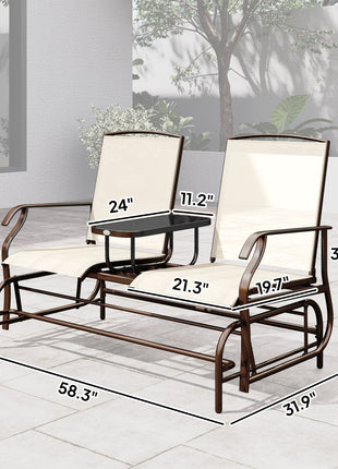 Outdoor Glider Bench with Center Table, Metal Frame Patio Loveseat with Breathable Mesh Fabric and Armrests for Backyard Garden Porch, Beige