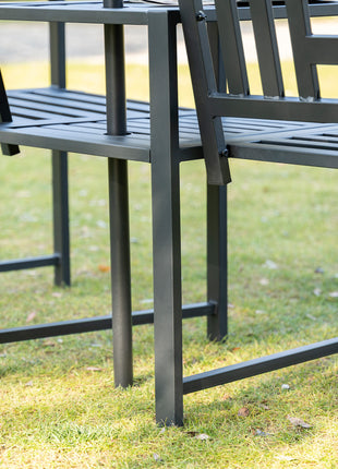 Metal Garden Bench with Middle Table and Umbrella Hole, 2-in-1 Double Patio Chairs, Outdoor 2-person Tete-a-Tete, Slatted, Black