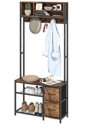 Hall Tree with Bench and Shoe Storage, 5-in-1 Entryway Bench with Coat Rack, 3 Storage Shelves, 2 Fabric Drawers, Brown