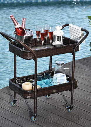PE Rattan Outdoor Bar Table, Outdoor Kitchen Island with 2-Tier Shelf, Wheeled Patio Serving Cart with Brakes for Poolside, Garden, Brown