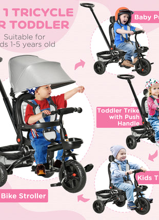 Kids Tricycle, 5 in 1 Foldable Trike with Reversible Seat, Adjustable Parent Handle, Safety Harness, Wheel Brakes, Gray