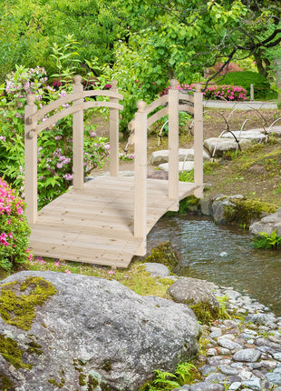 Wooden Arch Garden Bridge, Safety Rails for Backyard Ponds, Creeks, Streams, 7.5' , Natural