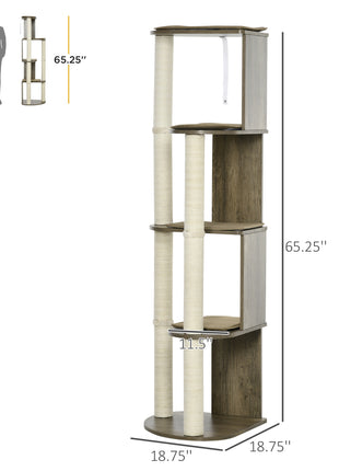 65" Corner Modern Cat Tree Tall for Climbing, Large Multilevel Cat Tower with Scratching Posts, Small-Fit Kitten Tower with Sisal, Cream White