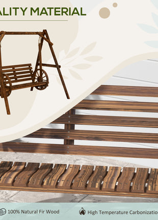 2-Seat Porch Swing with A-Frame Stand, Wooden Log Patio Swing Chair Bench with Wagon Wheel Armrests, Carbonized Brown