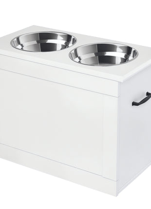 Raised Pet Feeding Storage Station with 2 Stainless Steel Bowls Base for Large Dogs and Other Large Pets, White