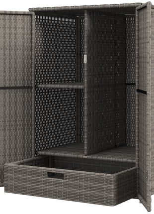 Outdoor Storage Cabinet with Shelves, Rattan Pool Towel Storage Cabinet with Removable Shelf & Drawer, Dark Gray