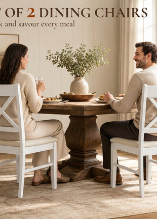Dining Chairs Set of 2, Upholstered Kitchen Chairs with Rubberwood Frame, Padded Seat and X-Back, White