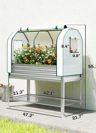 Galvanised Raised Garden Bed with Greenhouse Cover, Metal Elevated Garden Bed with Bed Liner, Bottom Shelf, Silver