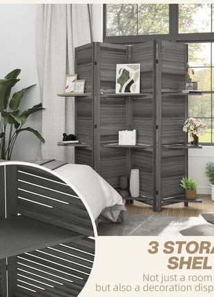 4 Panel 67" Tall Wood Privacy Screen Room Divider with 3 Shelves and Folding Storage for Bedroom, Gray