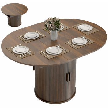 Extendable Dining Table for 6, 60" Farmhouse Kitchen Table with 2-Tier Storage Shelf and Fluted Sliding Doors, Walnut