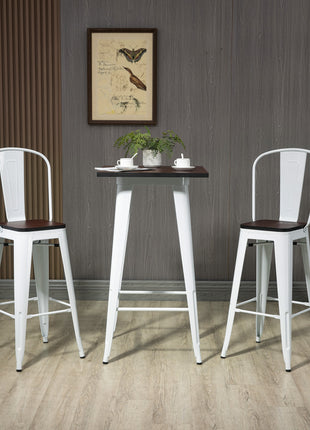 3 Piece Industrial Dining Table Set, Bar Height Bar Table and Chairs Set with Footrests for Bistro, White and Brown