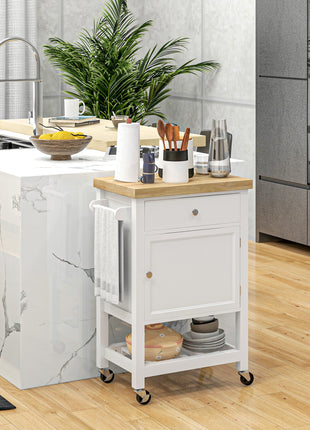 Kitchen Island on Wheels, Rolling Kitchen Cart with Rubberwood Top, Drawer, Wine Rack and Cabinet, White
