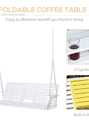 3-Seater Wooden Porch Swing, Patio Swing Bench with Folding Coffee Table, Cup Holders and Chains Included, 440lbs Weight Capacity, White