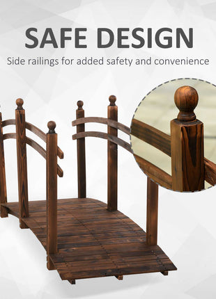 7.5' Fir Wood Garden Bridge Arc Walkway with Side Railings, Perfect for Backyards, Gardens, & Streams, Carbonized