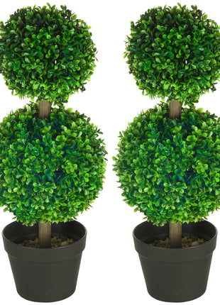 2 Pcs 23.6" Artificial Boxwood Ball Topiary Tree Set of 2 Fake Plants in Pot with Double Ball-Shaped Leaves Green