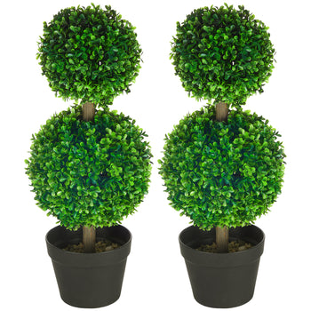 2 Pcs 23.6" Artificial Boxwood Ball Topiary Tree Set of 2 Fake Plants in Pot with Double Ball-Shaped Leaves Green
