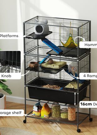 59" 5-Level Small Animal Cage, Rolling Ferret Cage with 6.3" Deep Tray, Non-Slip Cloth Covered Ramps, Hammock, Dark Gray