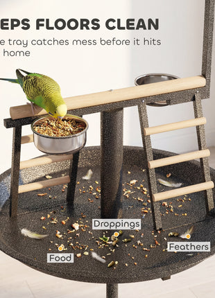 Bird Stand with Wheels Parrot Play Stand with Round Tray Stainless Steel Feed Bowls Indoor Outdoor Dark Gray