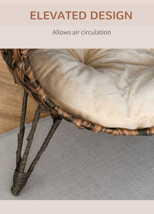 20.5" Weaved Cat Bed, Elevated Hand-woven Braided Banana Leaf Kitten House Condo with Cushion, Brown