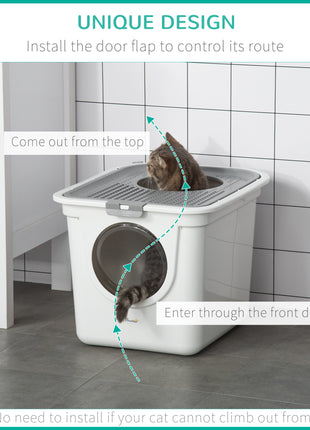 Covered Cat Litter Box, Easy Cleaning Kitty Litter Box with Front Entrance, Top Exit, Scoop, for Odor Control, White