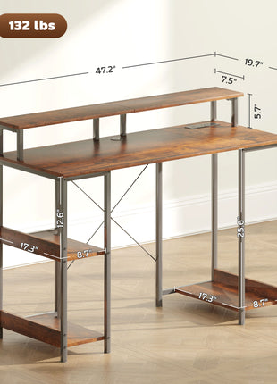 Computer Desk with Storage, 47" Reversible Computer Table with Power Outlets and LED Lights, Rustic Brown