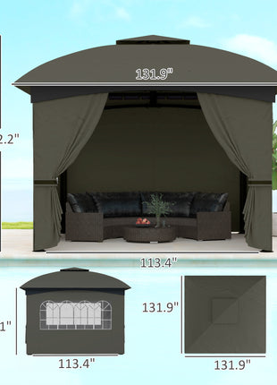 11' x 11' Outdoor Gazebo, Double Roof Patio Gazebo with Curtains, Church Windows, Galvanized Steel Frame, Dark Gray