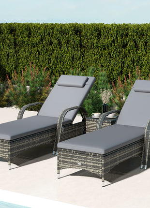 Patio Wicker Chaise Lounge Chair Set of 2 with Table, Adjustable Backrest, Wheels, Cushion & Headrest, Gray