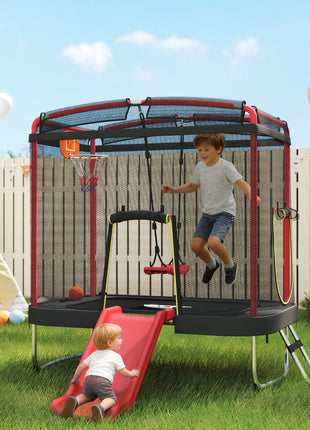 4 x 6FT Trampoline for Kids Indoor & Outdoor with Slide, Swing, Basketball Hoop and Safety Enclosure, Red