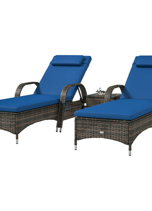Patio Wicker Chaise Lounge Chair Set of 2 with Table, Adjustable Backrest, Wheels, Cushion & Headrest, Blue