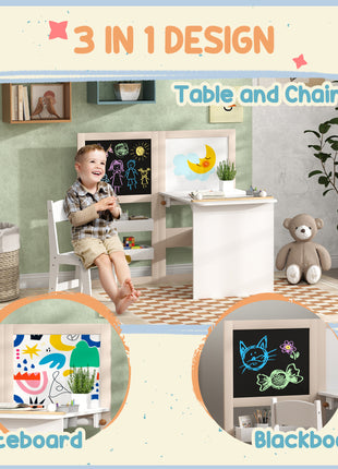 3 in 1 Kids Table and Chair Set with Storage, Whiteboard, Blackboard & Roll Paper for 3-8 Years, White