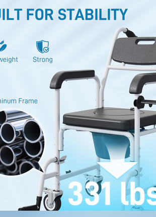 Rolling Shower Wheelchair for Seniors, Bedside Commode Chair with Locking Wheels, Seat, Backrest, Arms, Black