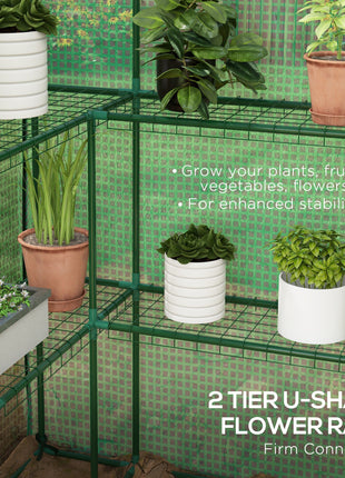 4.6' x 4.7' Portable Greenhouse, Water/UV Resistant Walk-In Small Outdoor Green House with 2 Tier U-Shaped Flower Rack Shelves, Roll Up Door & Windows, Green