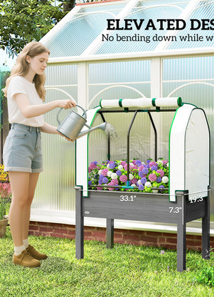 Raised Garden Bed with PE Greenhouse Cover Outdoor Planter Box for Herbs and Vegetables, 35 x 22 x 47 inch, Dark Gray
