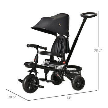 Kids Tricycle, 5 in 1 Foldable Trike with Reversible Seat, Adjustable Parent Handle, Safety Harness, Wheel Brakes, Black