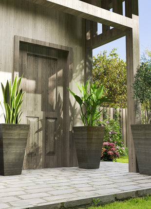 Set of 3 Tall Planters, 28" Outdoor Planter w/ Drainage Holes, Faux Wood Plastic Flower Pots, Dark Brown