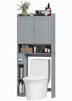 Modern Over the Toilet Storage Cabinet with 2 Doors, Above Commode Storage Cabinet with Toilet Paper Holder, Gray