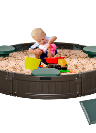 Kids Outdoor Sandbox with Cover Garden Bed Sand Pit, Easy Assembly Children's Round Sandbox for Backyard, Brown, 48.5" x 48.5" x 8.75"