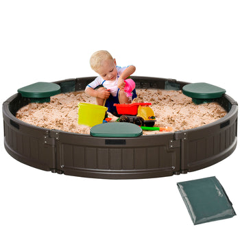 Kids Outdoor Sandbox with Cover Garden Bed Sand Pit, Easy Assembly Children's Round Sandbox for Backyard, Brown, 48.5" x 48.5" x 8.75"