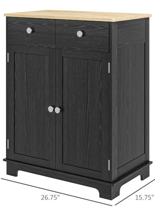Kitchen Storage Cabinet, Sideboard Floor Cupboard with Solid Wood Top, Adjustable Shelf, and 2 Drawers, Distressed Black
