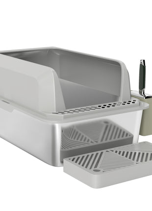 Stainless Steel Litter Box with Metal Scoop & Scoop Holder, High Sided, Anti-Urine Leakage, Non-Sticky