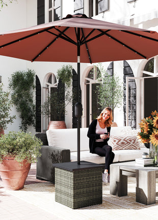 Wicker Side Table with 1.5" Umbrella Hole, Square Outdoor End Table with UV-Resistant Frame, Storage Space, Mixed-Gray