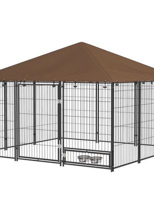 6.9' x 6.9' x 5' Outdoor Dog Kennel with Canopy Garden Playpen Fence Crate Enclosure Cage Rotating Bowl, Coffee