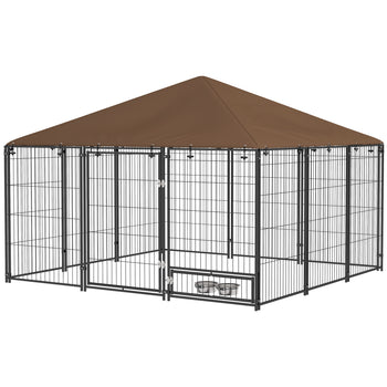 6.9' x 6.9' x 5' Outdoor Dog Kennel with Canopy Garden Playpen Fence Crate Enclosure Cage Rotating Bowl, Coffee