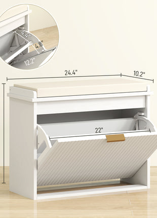 Shoe Storage Bench with Padded Seat Cushion and Flip-Drawer, Entryway Bench, Shoe Cabinet, 24.4x10.2x18.7 Inches, White