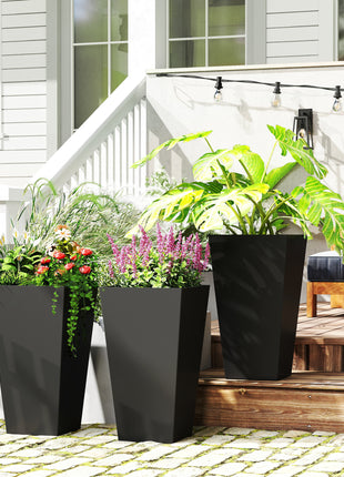 Tall Planters for Outdoor Plants Set of 3, 28 In Taper Planters with Drainage Holes, Indoor Grande Plant Pots, Front Porch Decor, Black