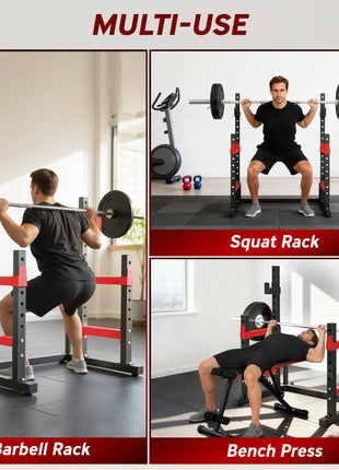 Adjustable Squat Rack, 660lbs Multi-Functional Bench Press Rack for Weight Lifting Home Gym Strength Training, Red