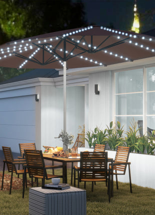15ft Double-Sided Outdoor Umbrella with Solar Lights, UPF50+ Extra Large Aluminum Patio Umbrella with Crank, Tan