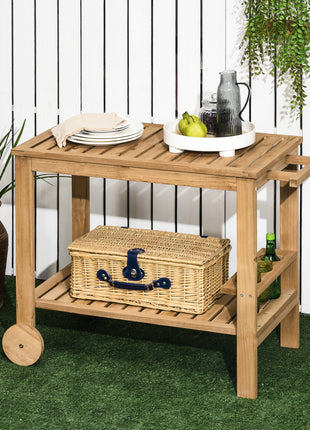 Outdoor Bar Cart, Wood Rolling Home Bar & Serving Cart ，2 Shelves, Wine Bottle Holders for Garden, Dining Room, Natural