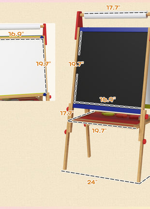 3 in 1 Easel for Kids with Paper Roll, Whiteboard, Chalkboard, Double Sided & Adjustable Height, Nature Wood