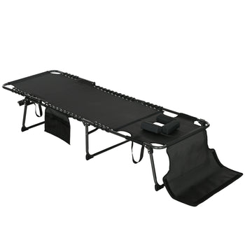 Folding Chaise Tanning Lounge Chair w/ 5-level Reclining Back, Reading Hole, Side Pocket, Headrest, Black